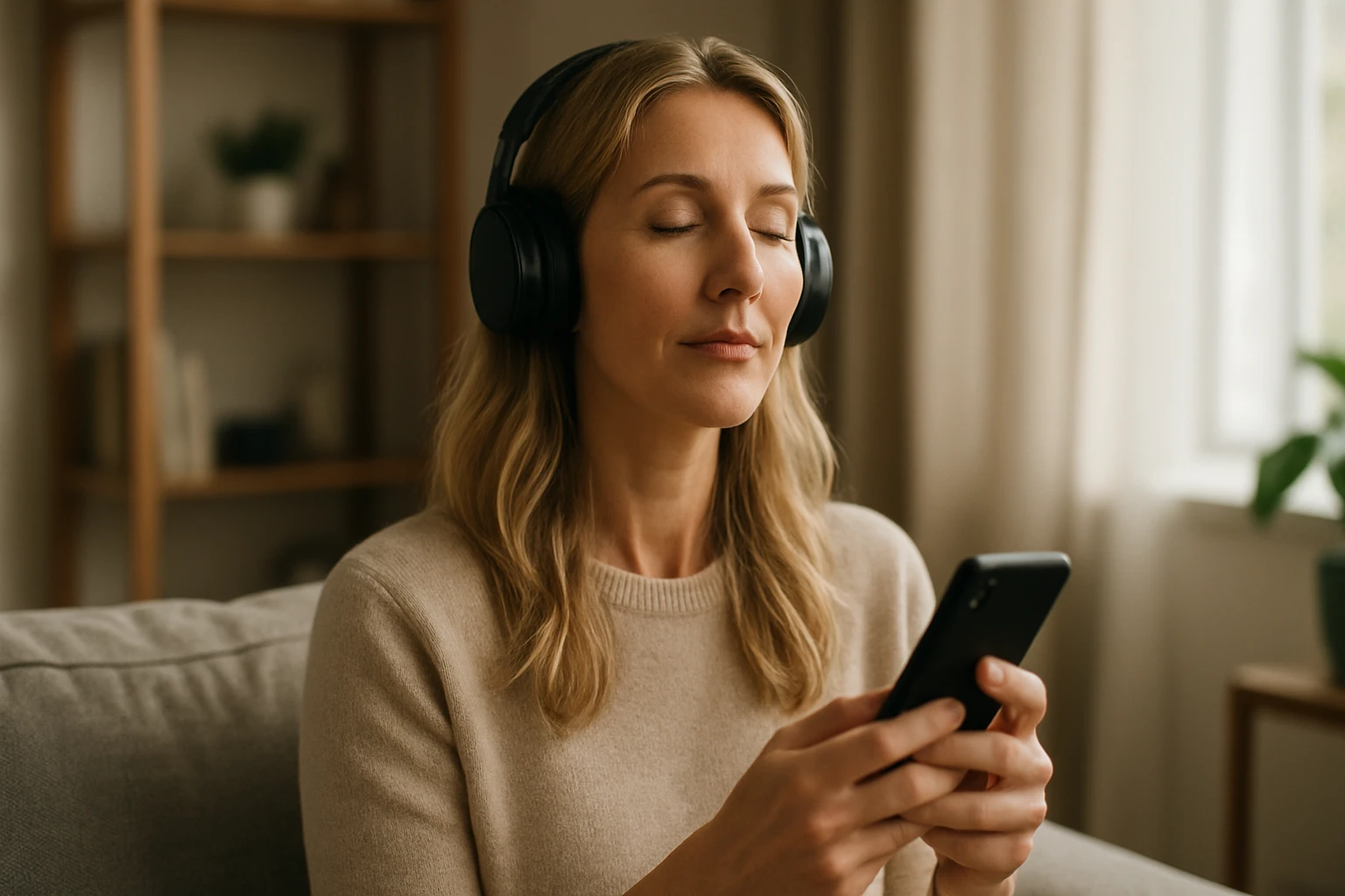 Egy nő fülhallgatót visel, miközben a telefonját nézi, nyugodt környezetben.
