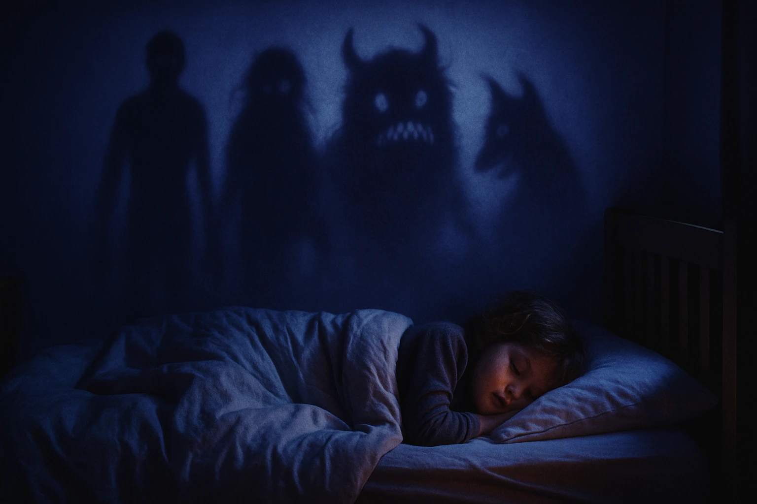 Egy kisgyerek alszik az ágyában, mögötte rémisztő árnyak láthatók a falon.