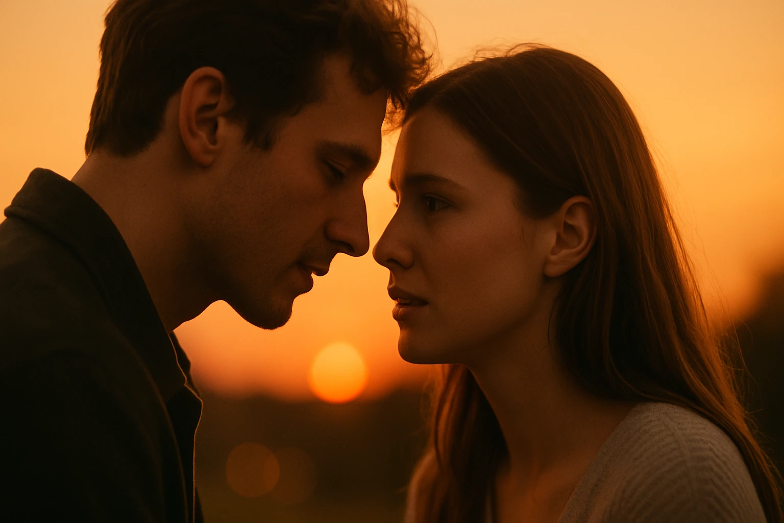 Két fiatal ember közelről, romantikus pillanatban, naplementében.