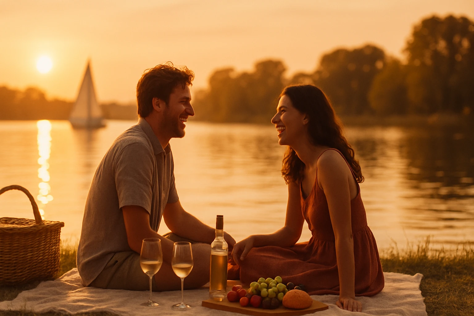 Két fiatal, boldog ember ül a vízparton naplementében, gyümölcsökkel és borral.