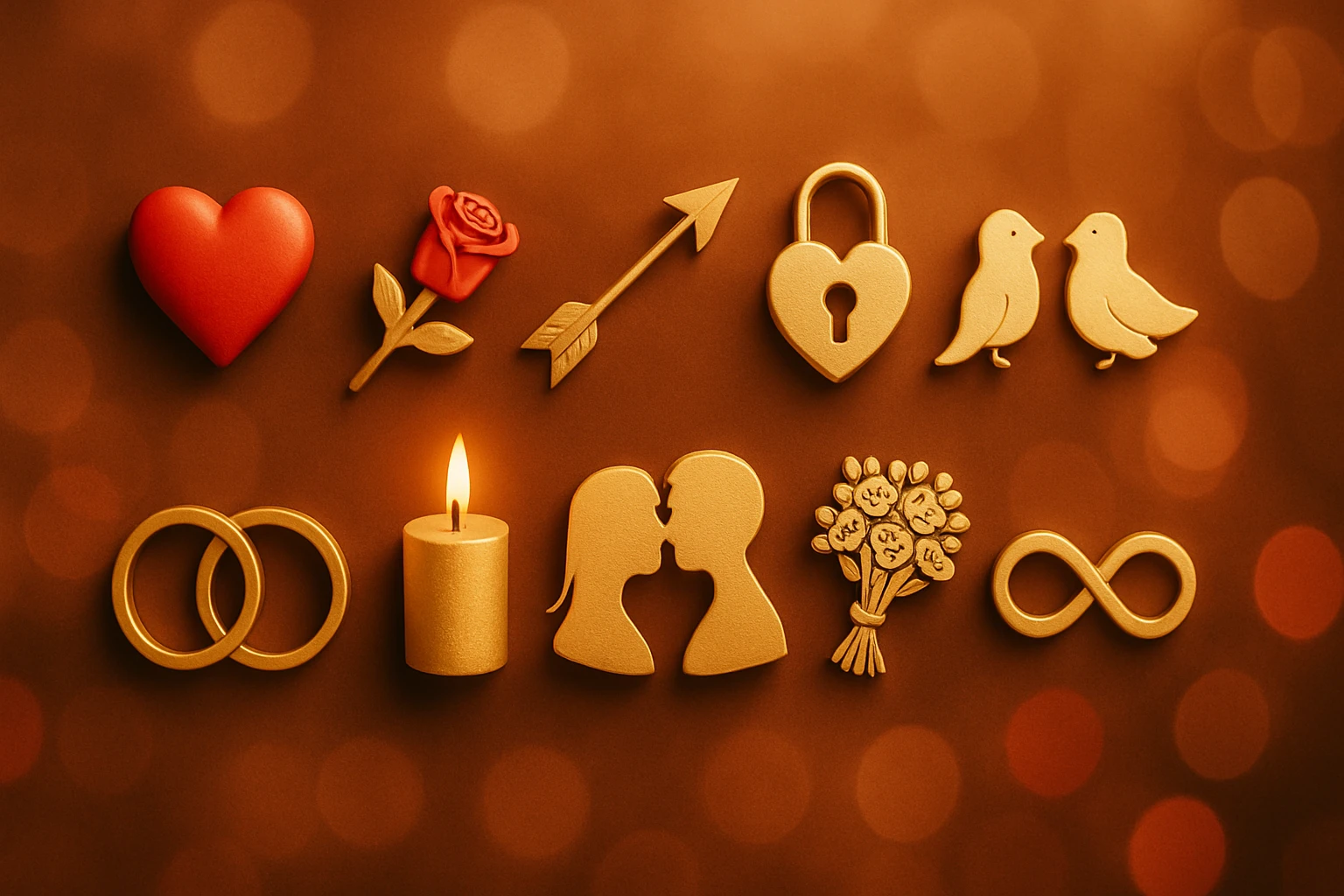 Szívek, gyűrűk és gyertyák romantikus elrendezése, szerelem szimbólumai.