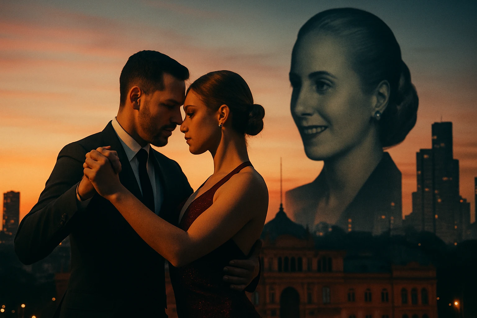 Egy pár táncol a naplementében, háttérben egy női portréval.
