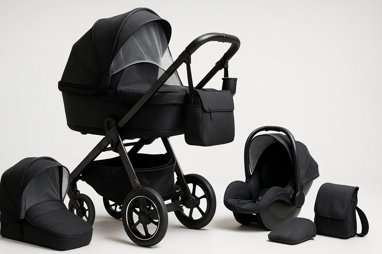 Modern, fekete babakocsi és autósülés szett, praktikus kiegészítőkkel.