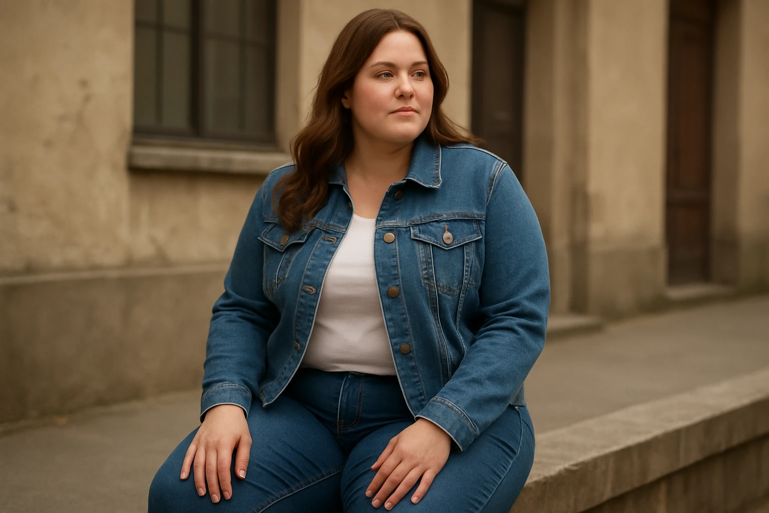 Egy fiatal nő ül egy kőpárkányon, farmerdzsekit és farmert visel.