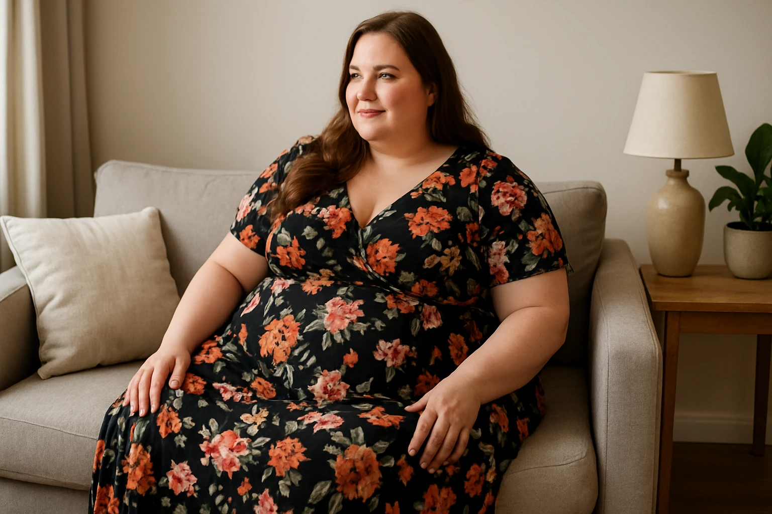 Egy nő virágmintás ruhában ül egy szürke kanapén, mosolyogva néz előre.