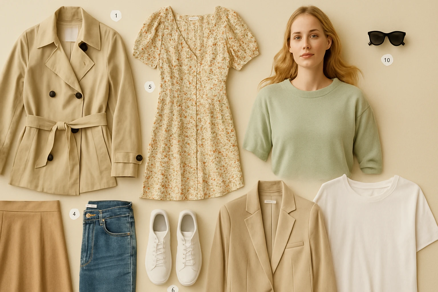 Különböző női ruhák és kiegészítők, mint kabát, ruha és pólók.