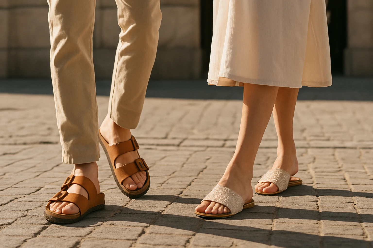 Két ember lába, különböző stílusú szandálokban, kövezett úton.