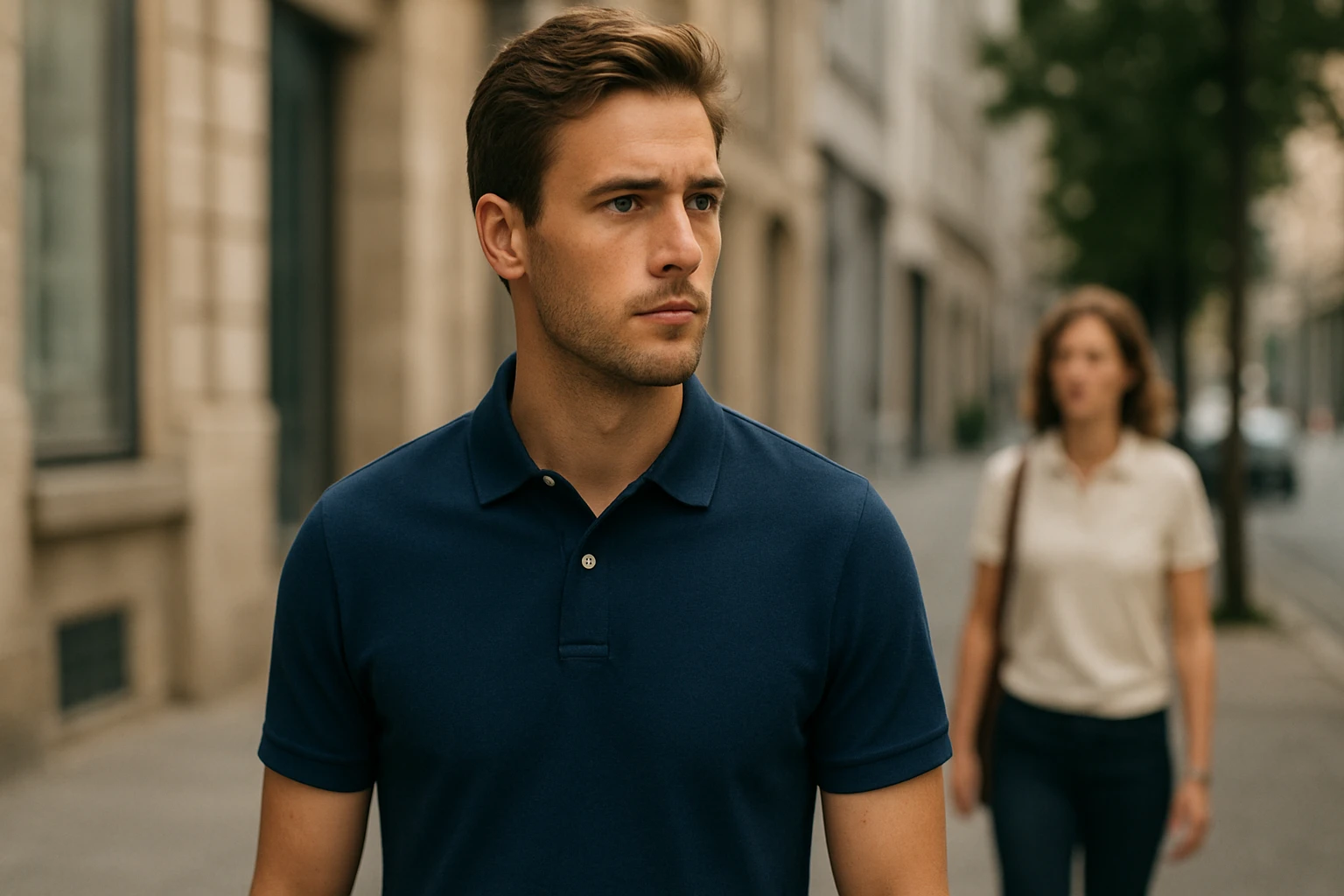 Egy fiatal férfi sétál az utcán, komoly arckifejezéssel, mögötte egy nő.