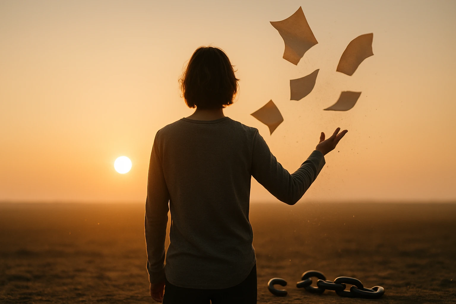 Egy fiatal ember áll a naplementében, papírlapokat dobálva a levegőbe.