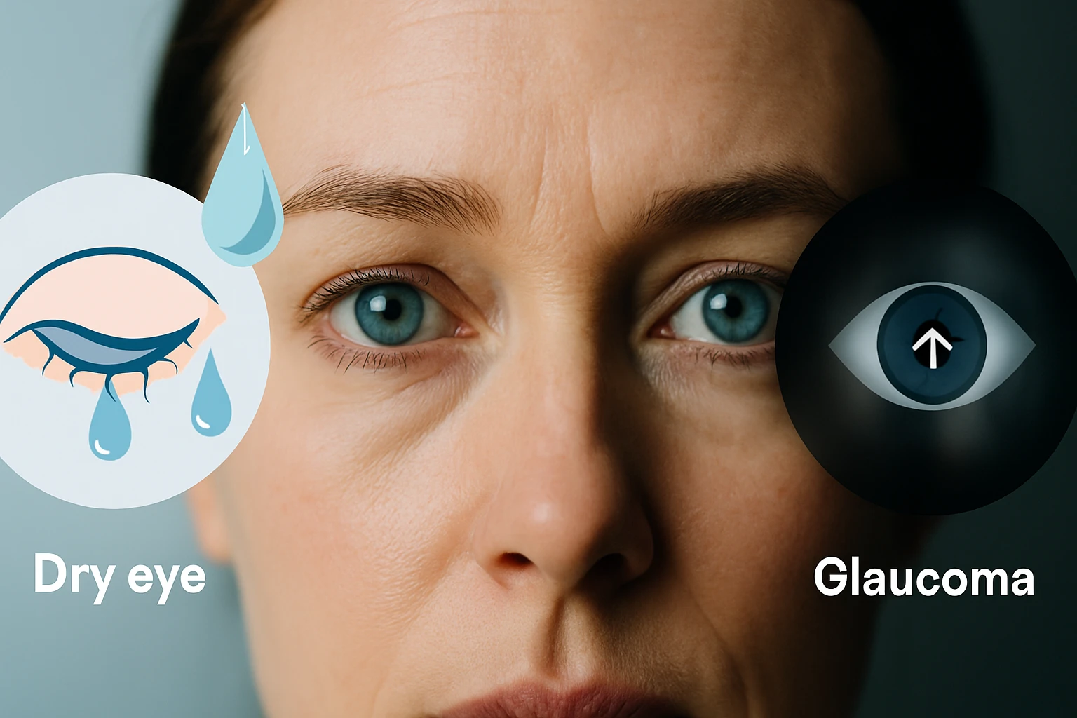 Egy nő arca, bal oldalon száraz szem, jobb oldalon glaukóma szimbólumokkal.