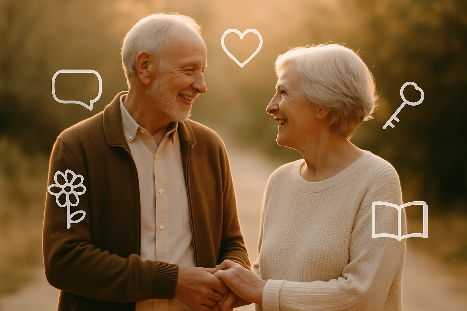 Idős pár boldogan néz egymásra, kezük összekulcsolva, háttérben napfény.