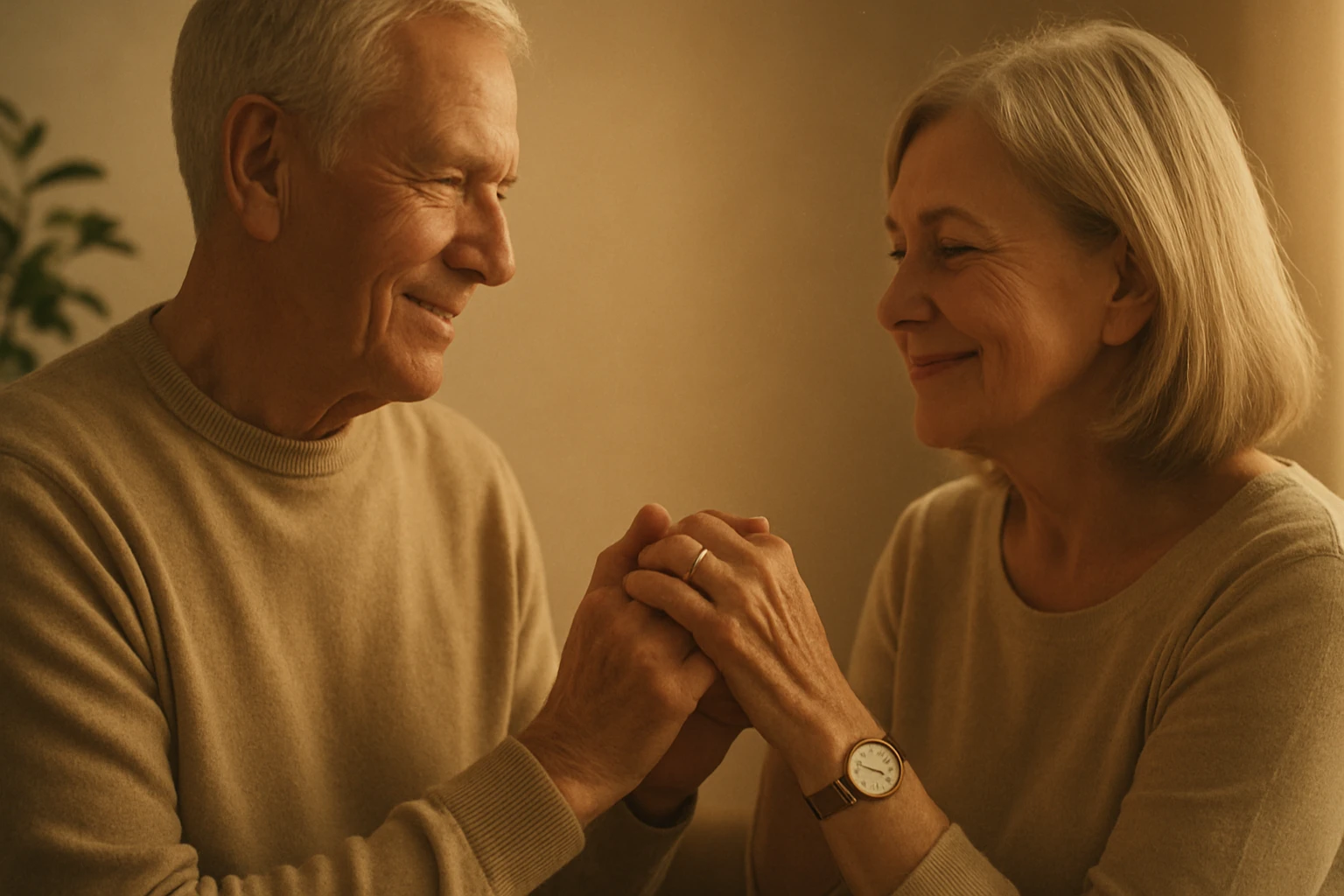 Idős pár, akik egymás kezét fogják, boldogan mosolyognak.