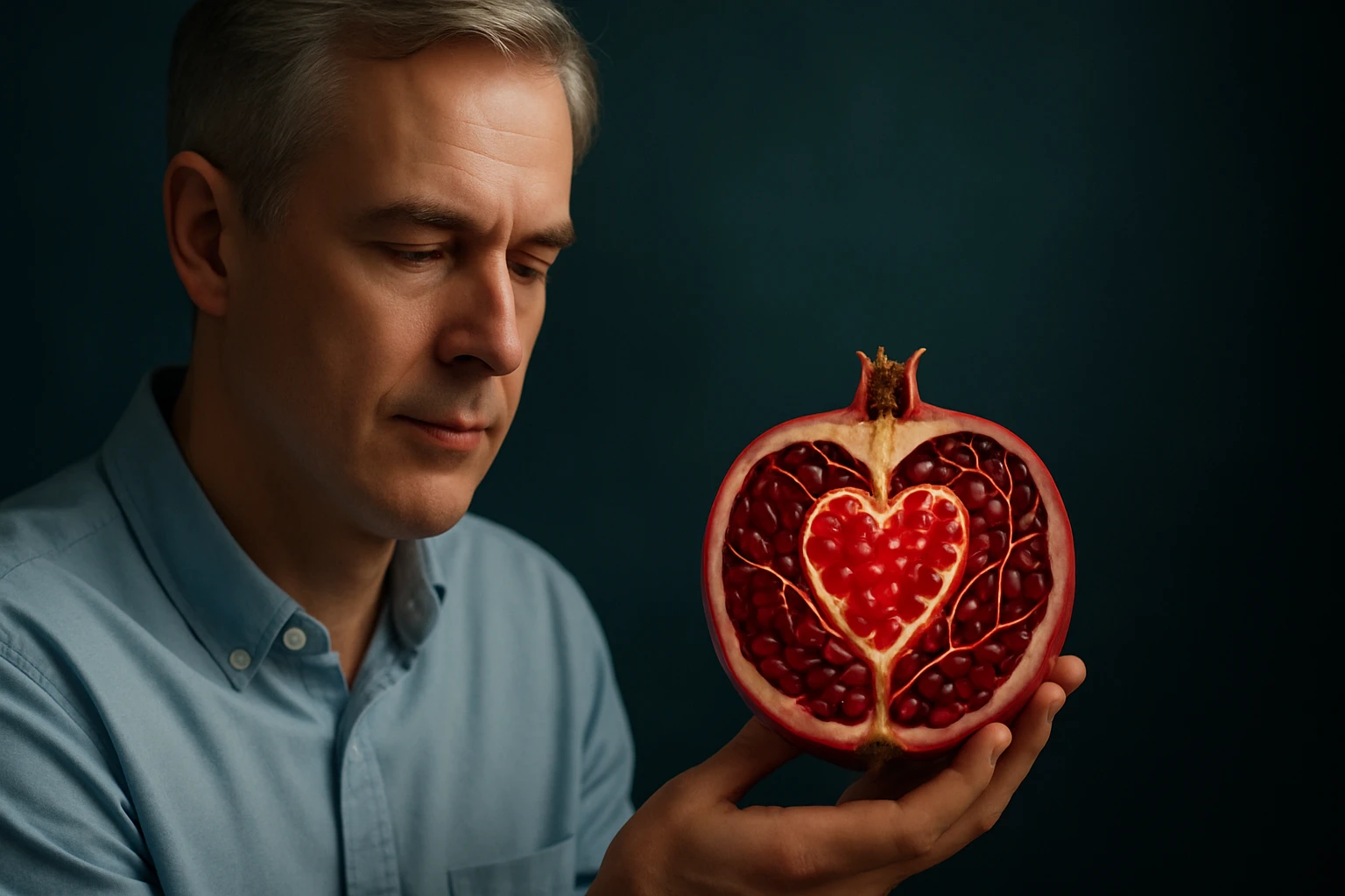 Egy férfi egy gránátalmát tart a kezében, amelynek belsejében szív alakú magok láthatók.