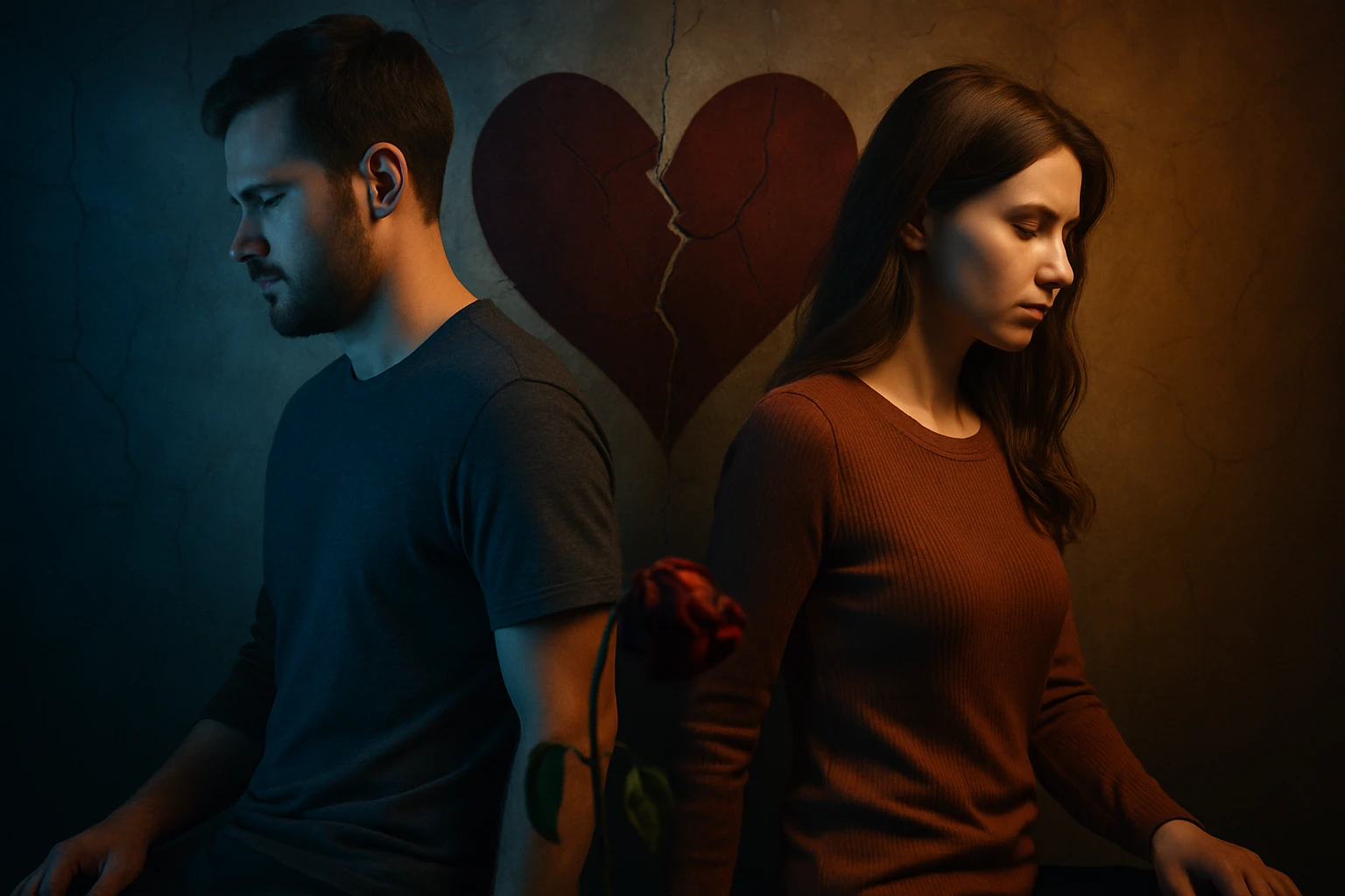 Egy férfi és egy nő háttal ülnek egymásnak, szomorú arckifejezéssel.