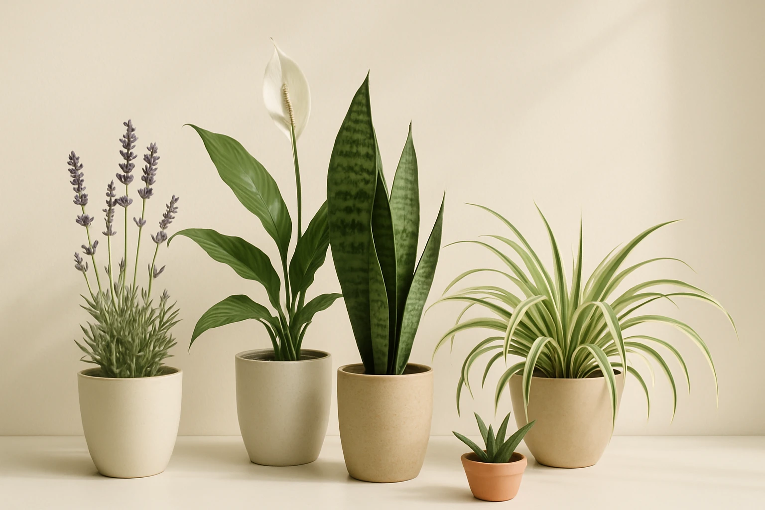 Öt különböző növény, köztük levendula és békaliliom, világos háttér előtt.