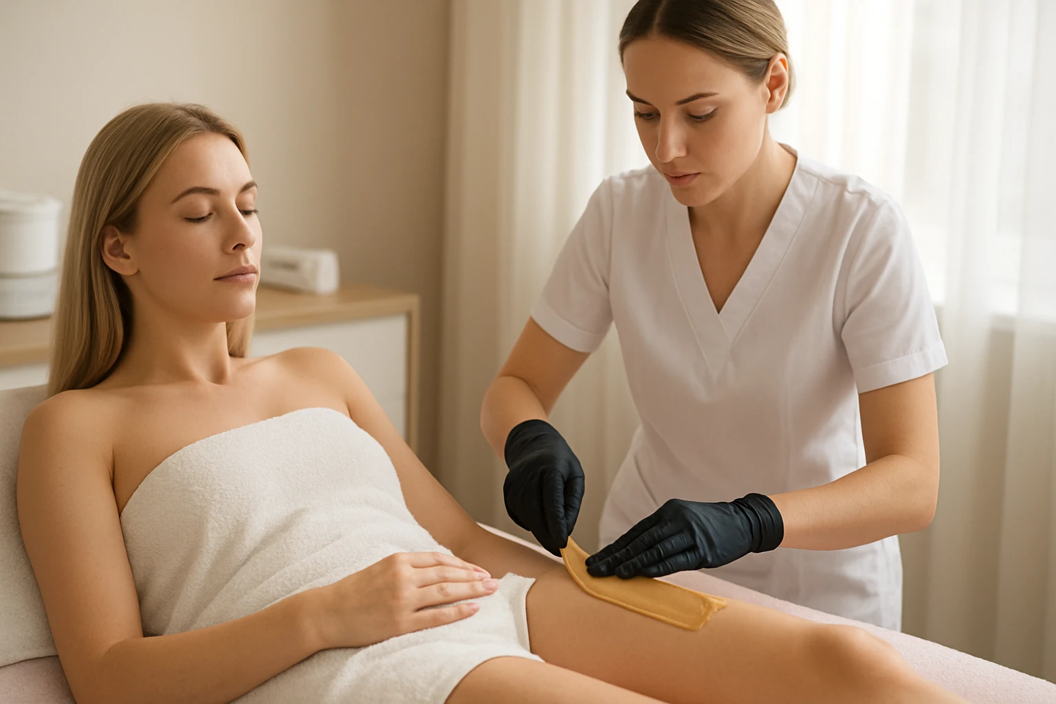 Egy nő szőrtelenítési folyamat közben relaxál egy széken.