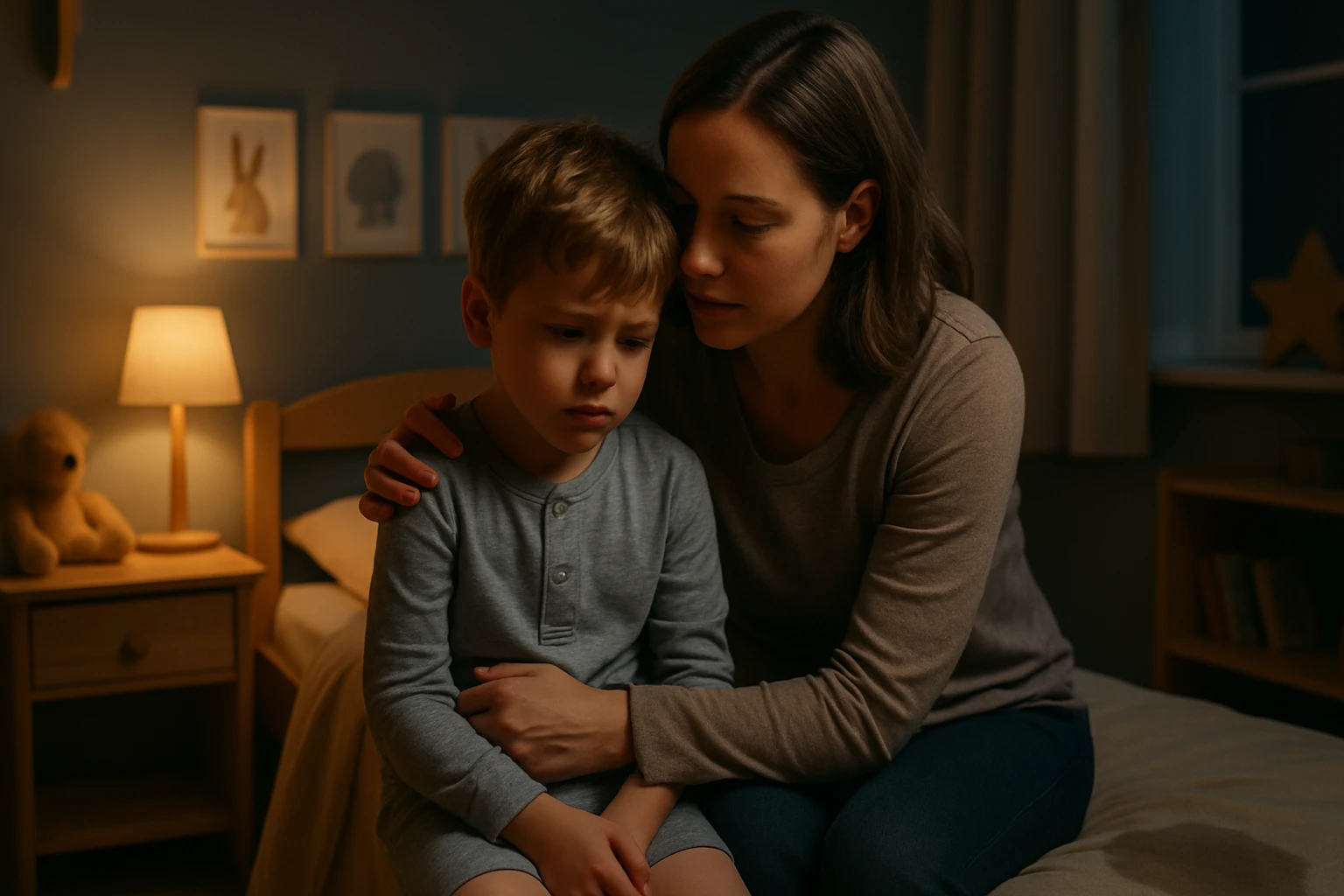 Egy kisfiú szomorúan ül az ágyon, édesanyja öleli.