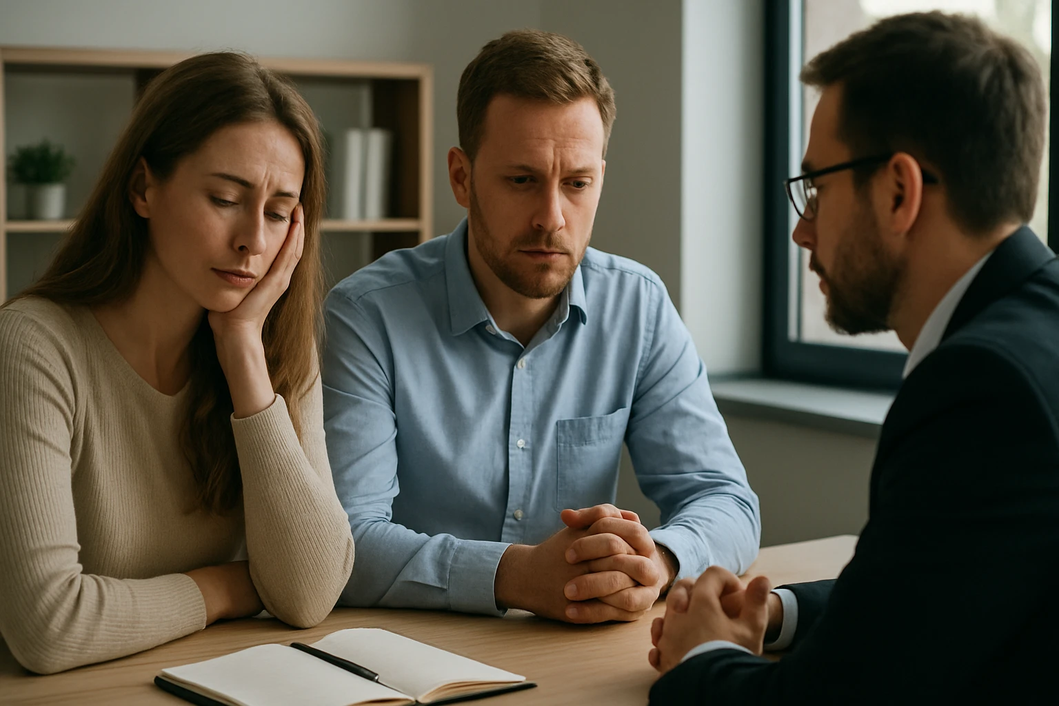 Egy pár szomorúan ül egy asztalnál, míg egy férfi tanácsot ad nekik.