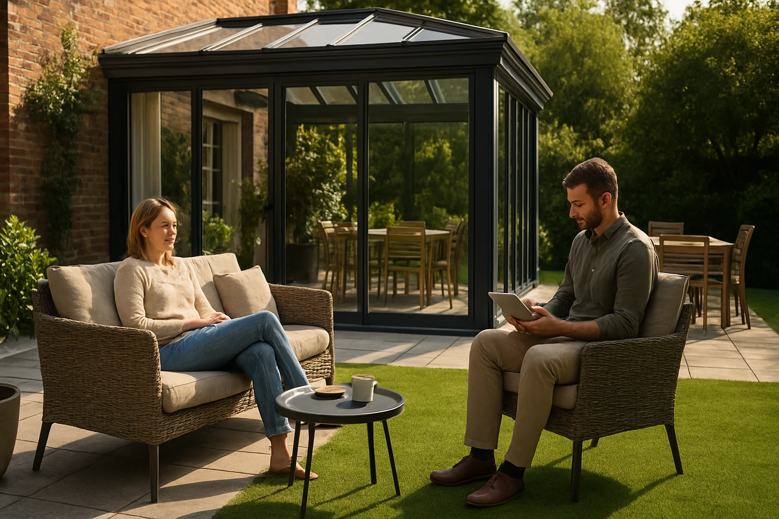 Két ember ül egy teraszon, a nő relaxál, a férfi tabletet néz.