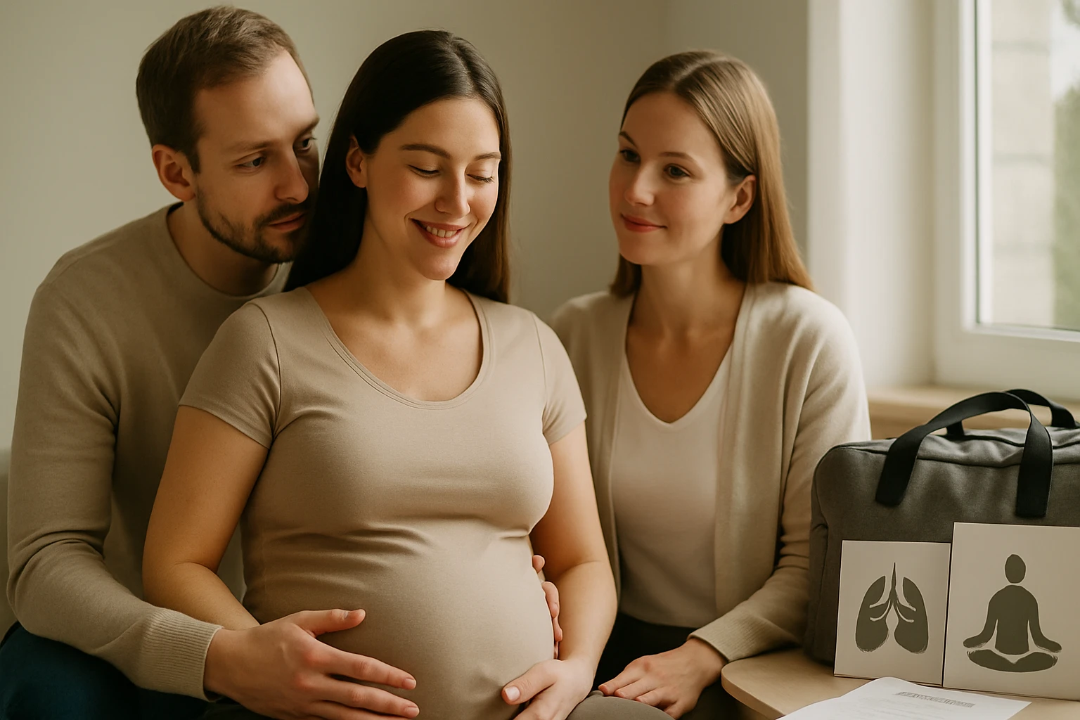 Egy terhes nő mosolyog, míg partnere és barátnője figyelik őt.