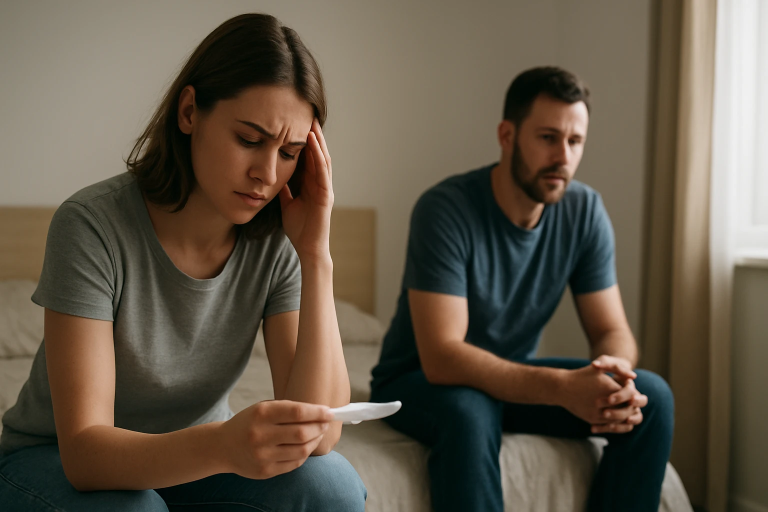 Egy fiatal nő szorongva nézi a terhességi tesztet, mellette egy férfi ül.