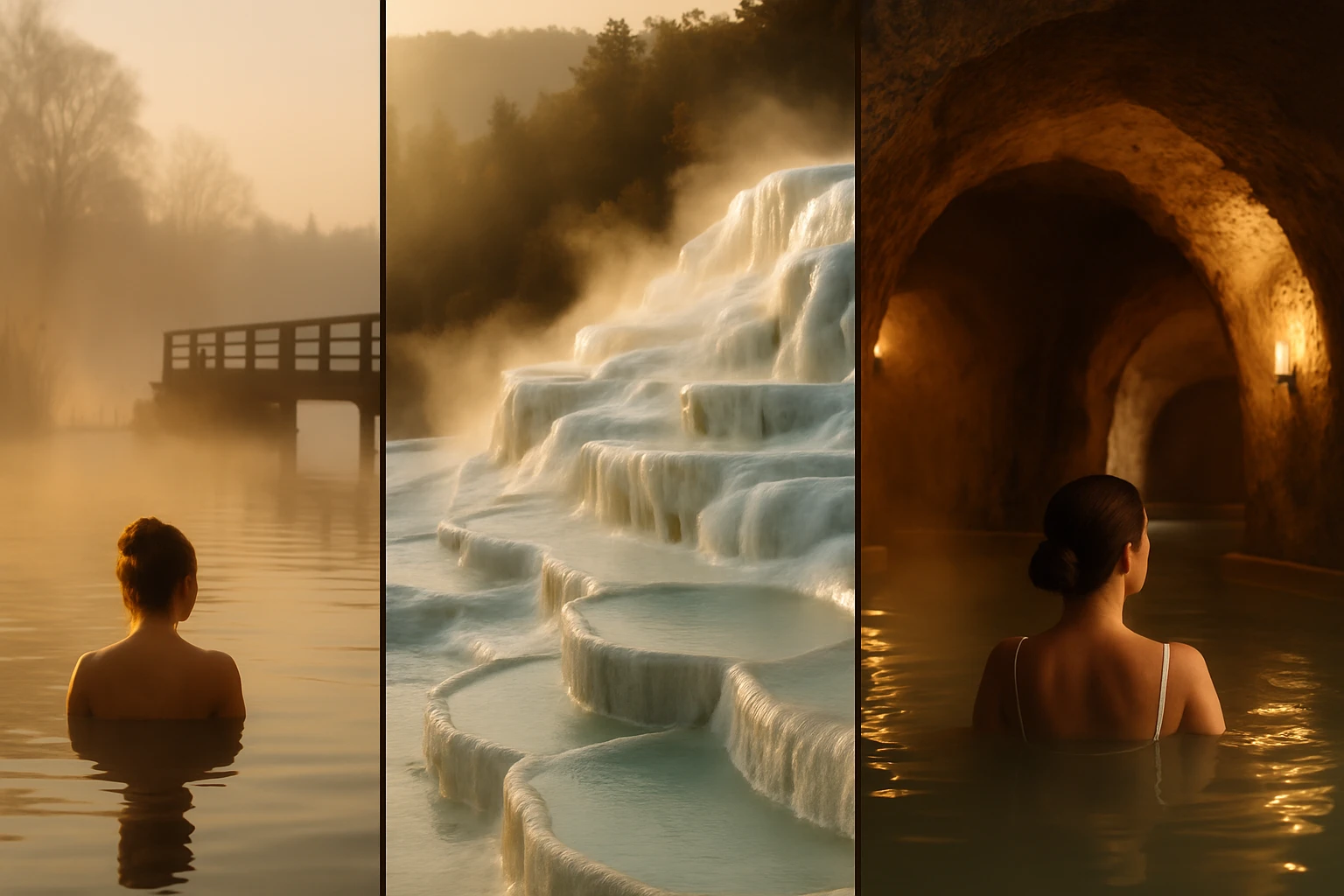 Egy nő relaxál a vízben, mögötte gyönyörű vízesések és barlangos fürdő.