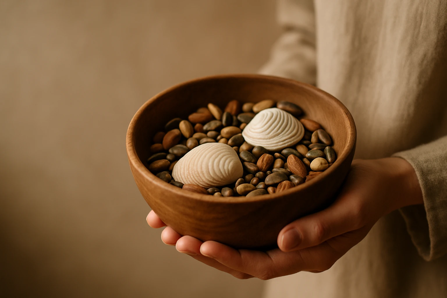 Két kagyló és különböző méretű kövek egy fából készült tálban.