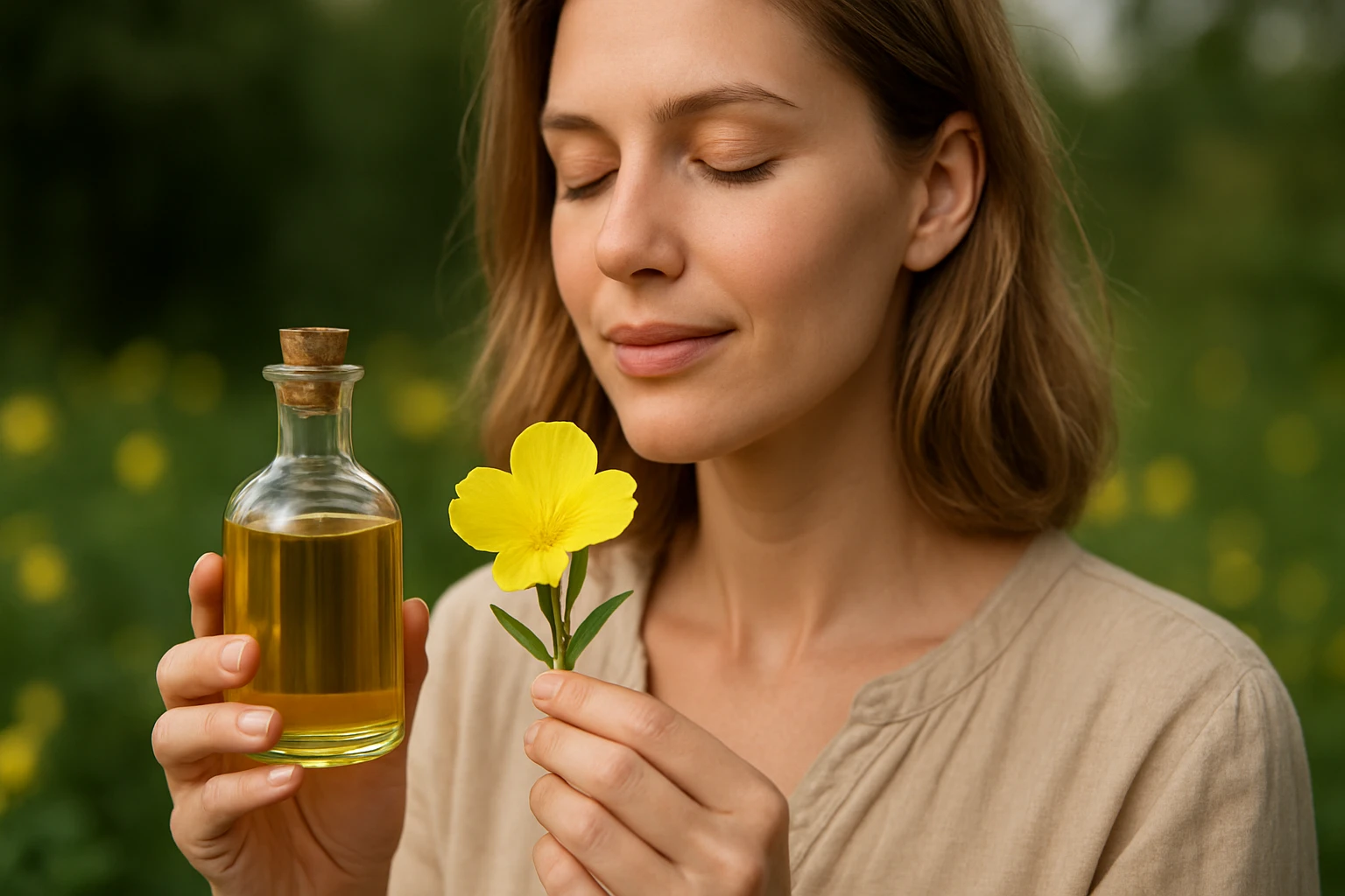 Egy nő arca közelről, aki egy üveg olajat és egy sárga virágot tart a kezében.