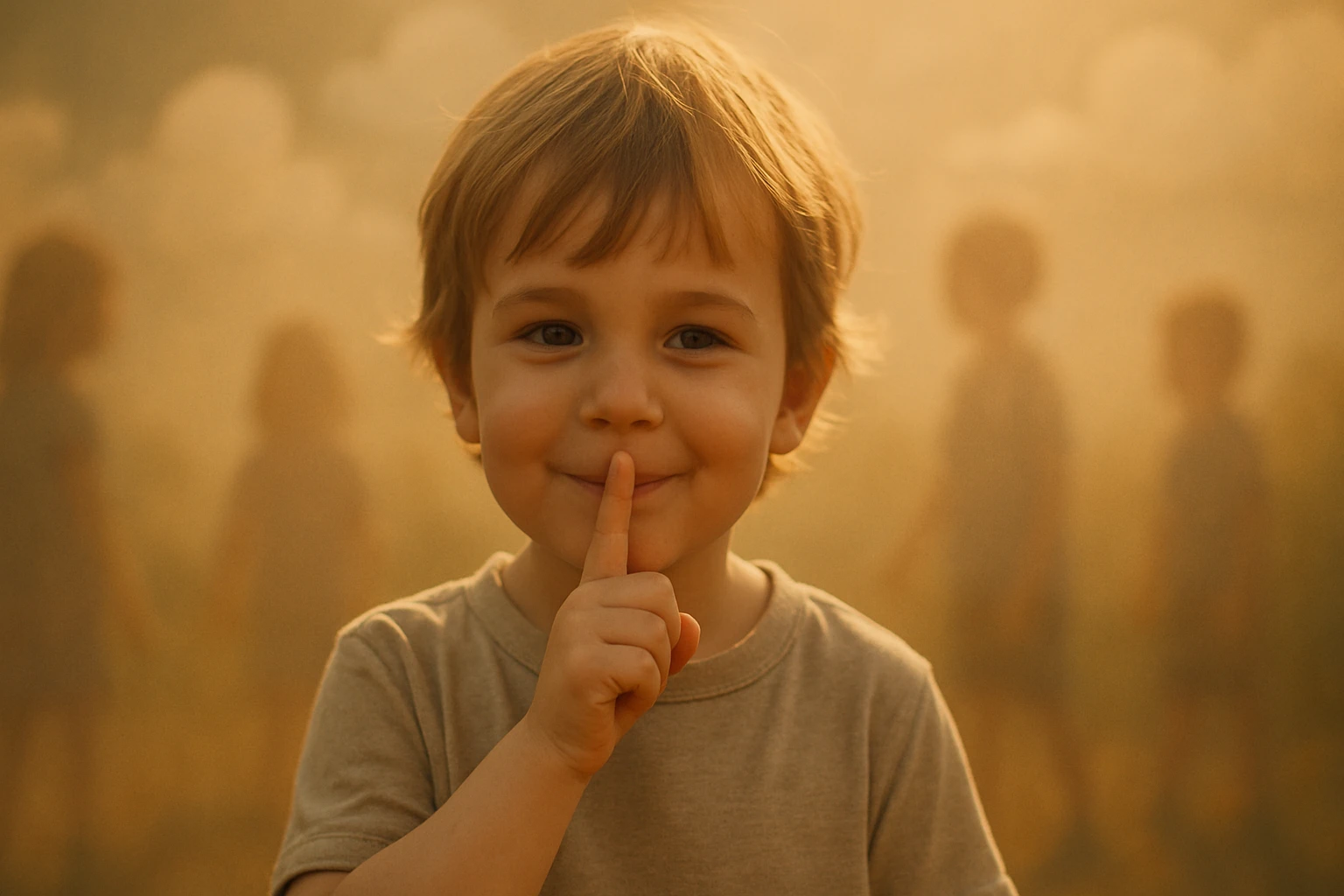 Egy kisfiú mosolyog, mutatva a szájára tett ujját, háttérben homályos alakokkal.