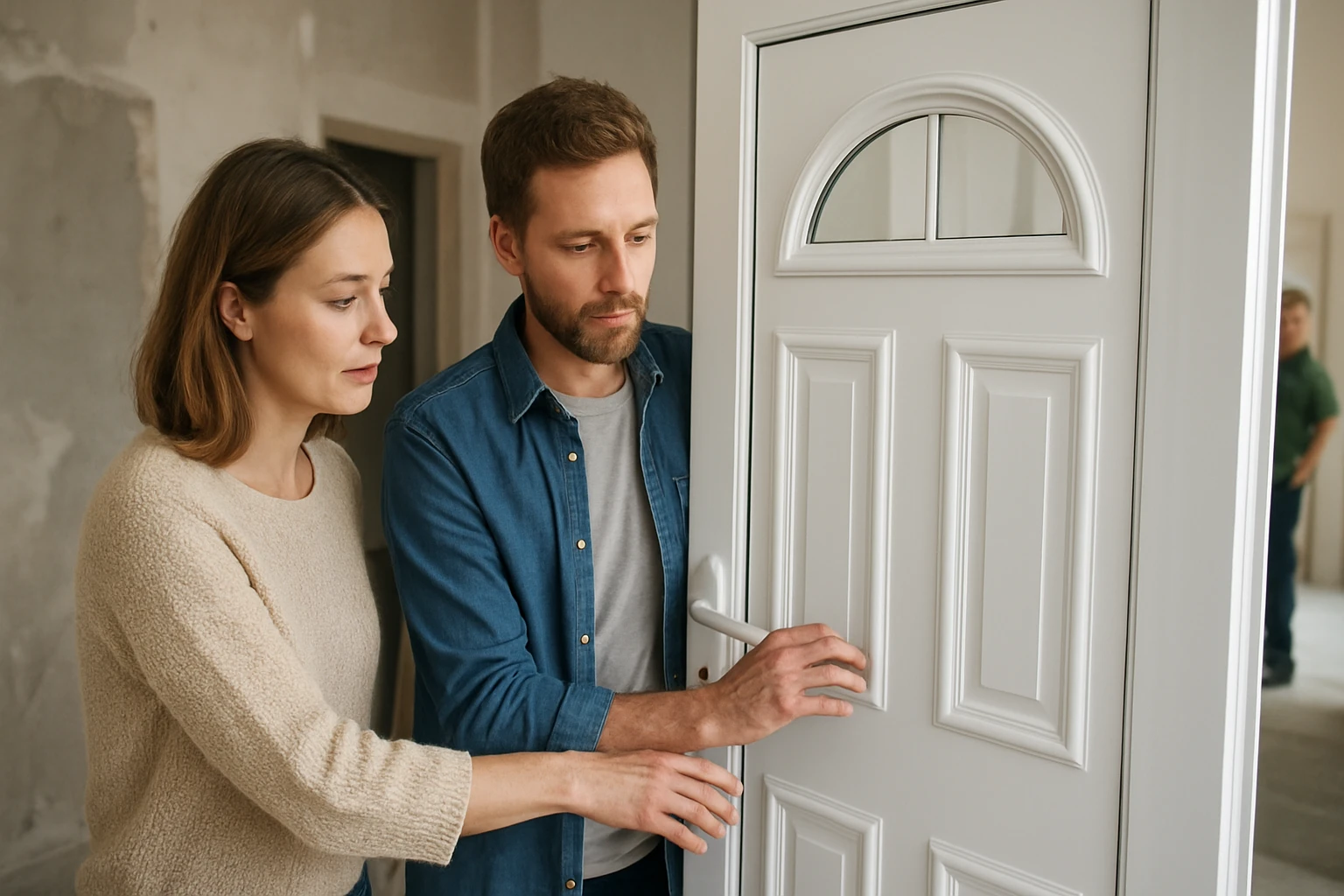 Egy pár közösen nyit egy új ajtót, izgatottan néznek a belső térbe.