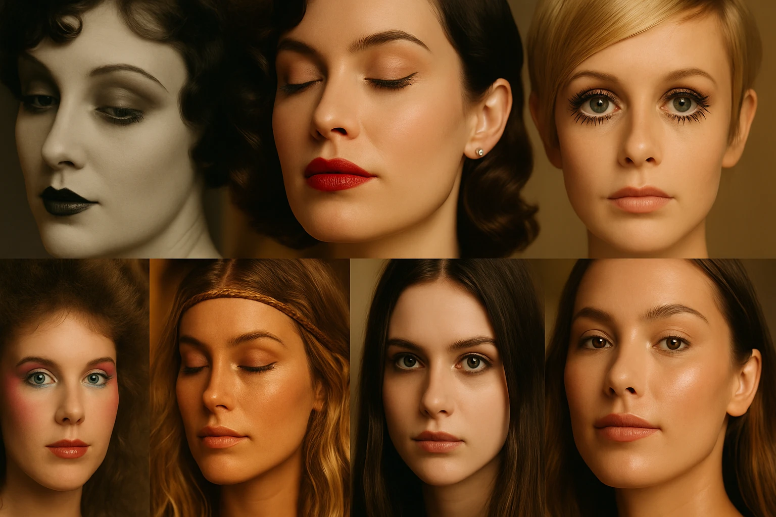 Hat női portré különböző sminkstílusokkal és frizurákkal, változatos megjelenésben.