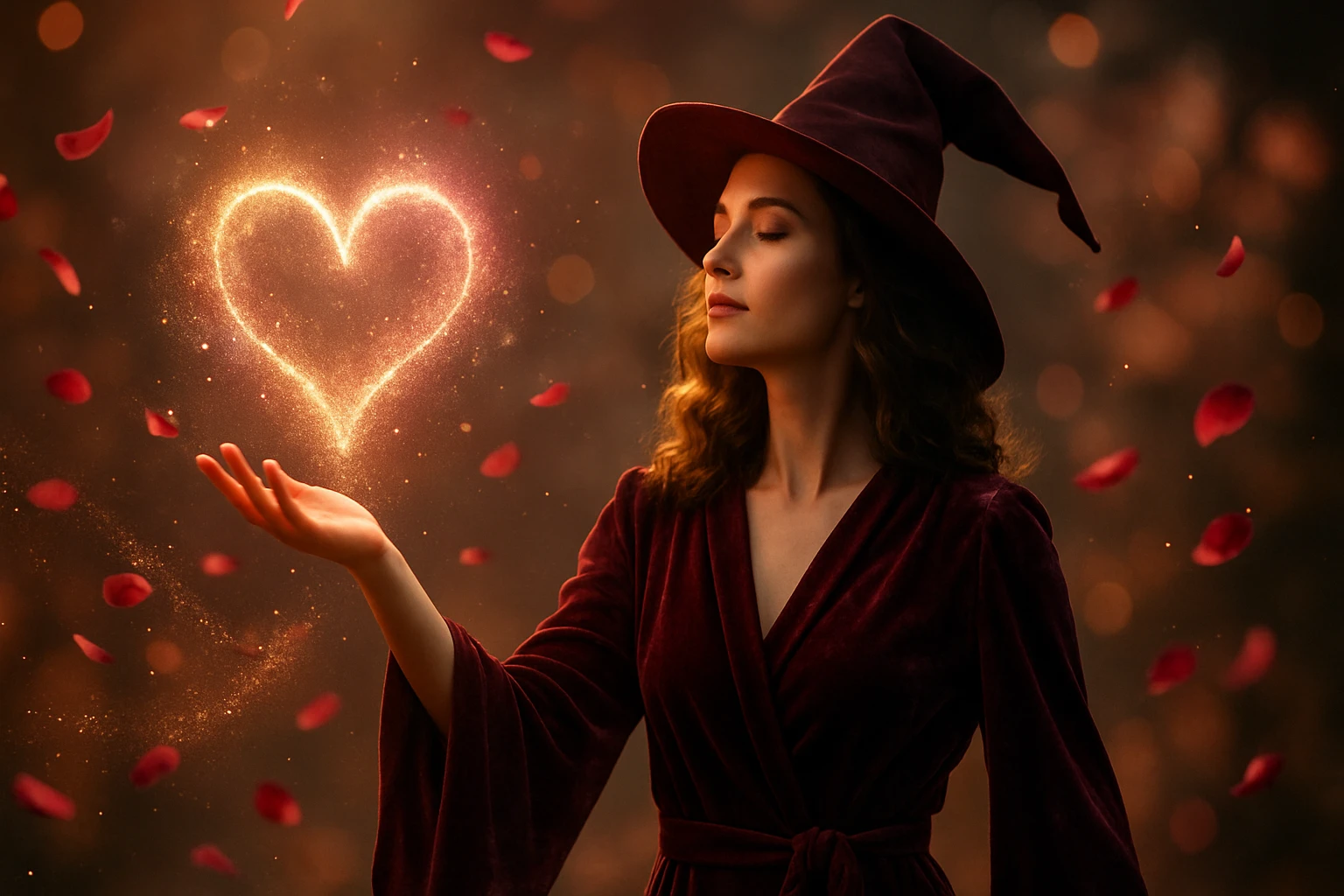 Egy nő varázsló kalapban, kezében fénylő szívformát tartva, rózsaszirmokkal körülvéve.