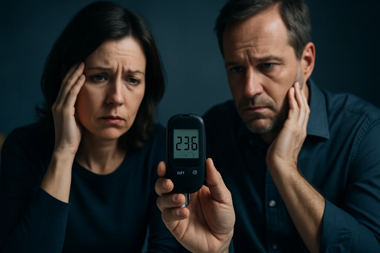 Két aggódó felnőtt nézi a vércukormérő kijelzőjét, amely 236-ot mutat.