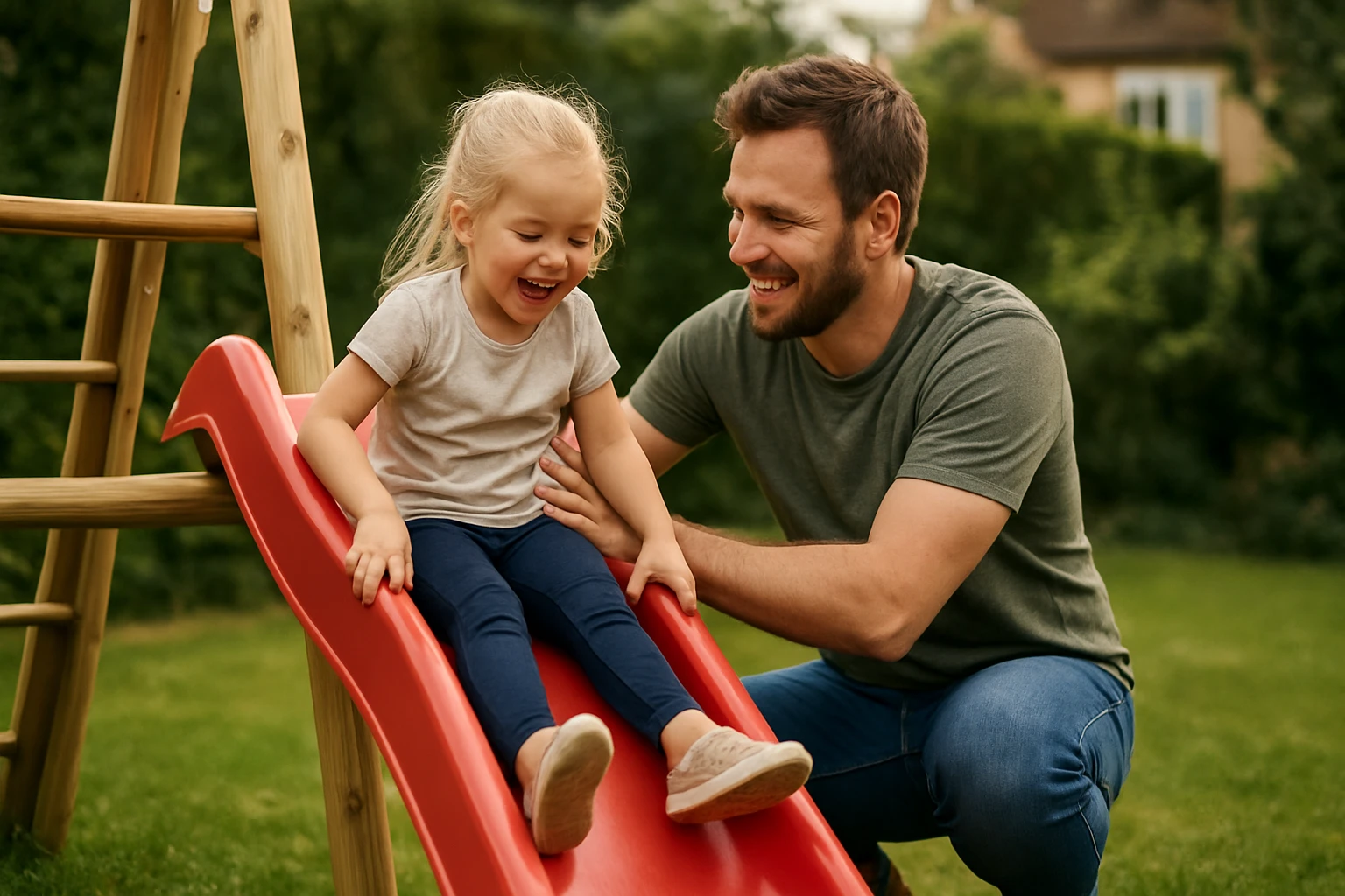 Egy kislány vidáman csúszik le egy piros csúszdán, apja segíti.