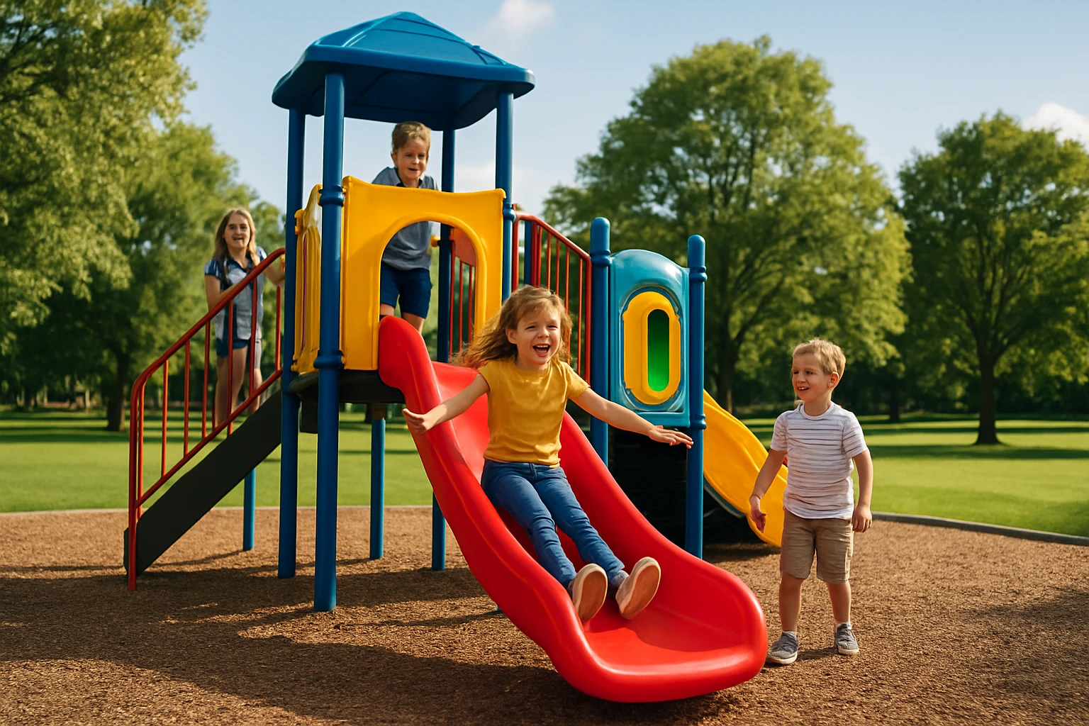 Gyerekek játszanak egy színes játszótéren, csúszdán csúszik egy kislány.