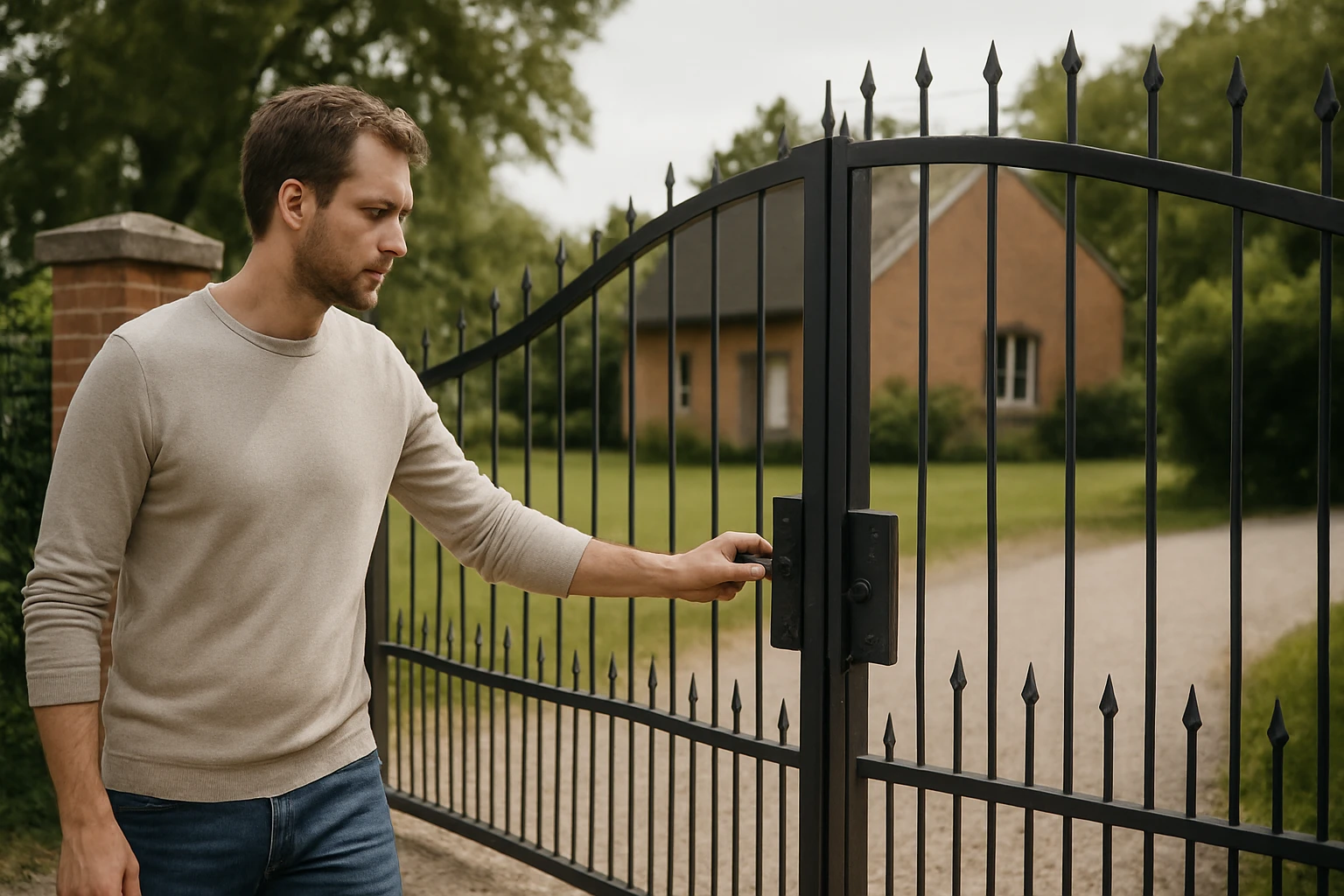 Egy férfi nyitja a fekete kerítést egy vidéki ház előtt.