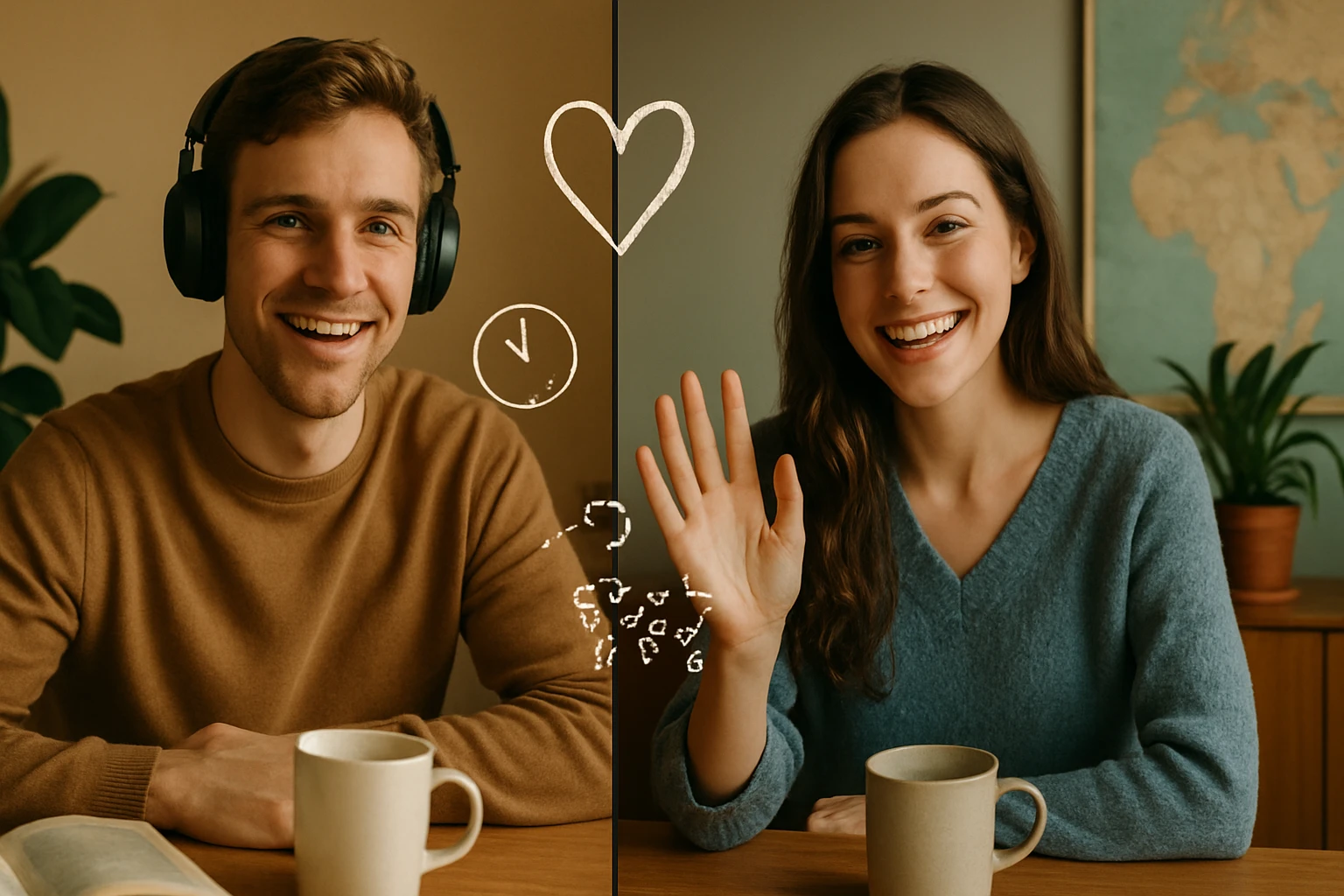 Két fiatal, mosolygó ember videóhívás közben, kávéval a kezükben.