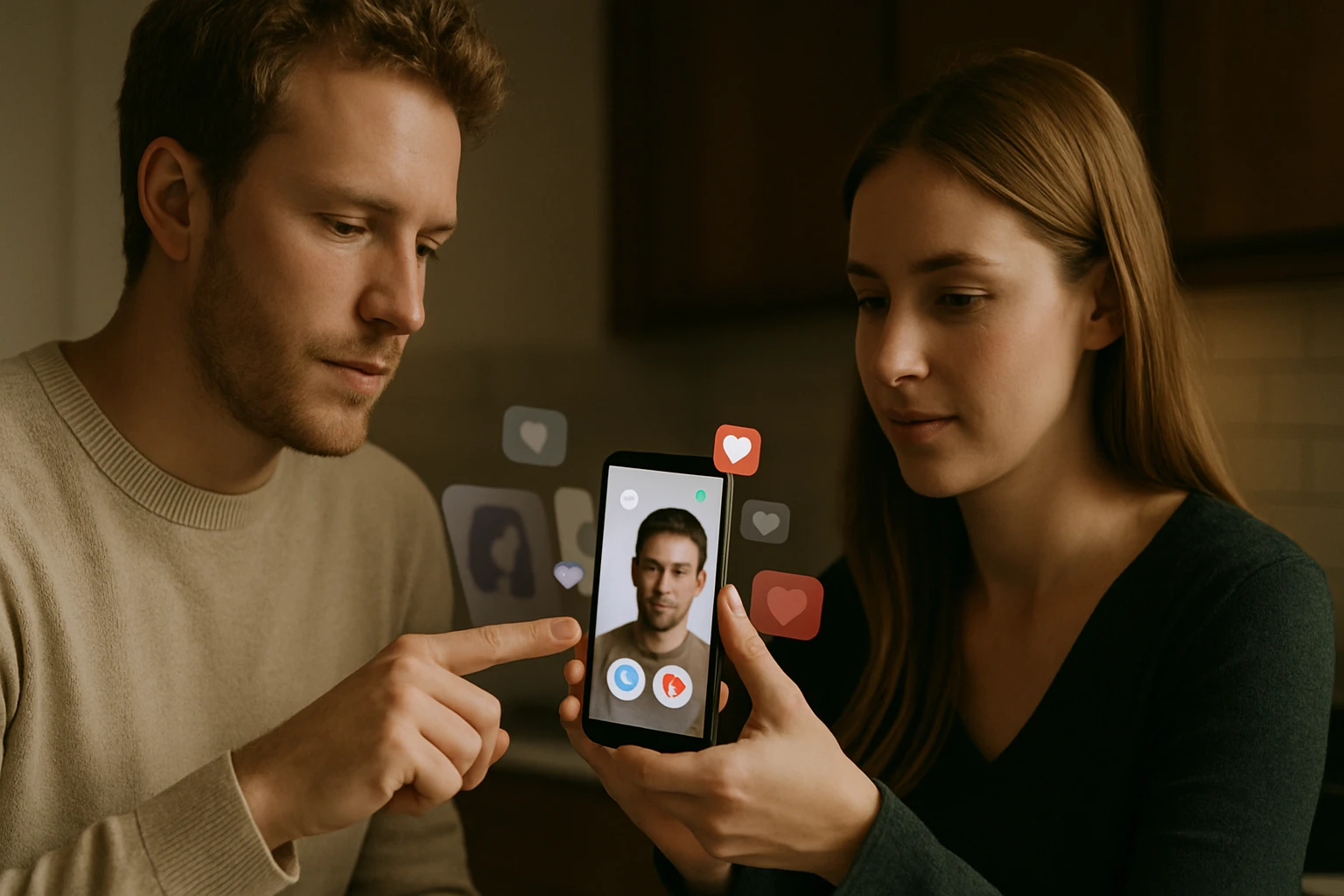 Egy pár közösen nézi a telefonjukat, miközben videóhívást folytatnak.