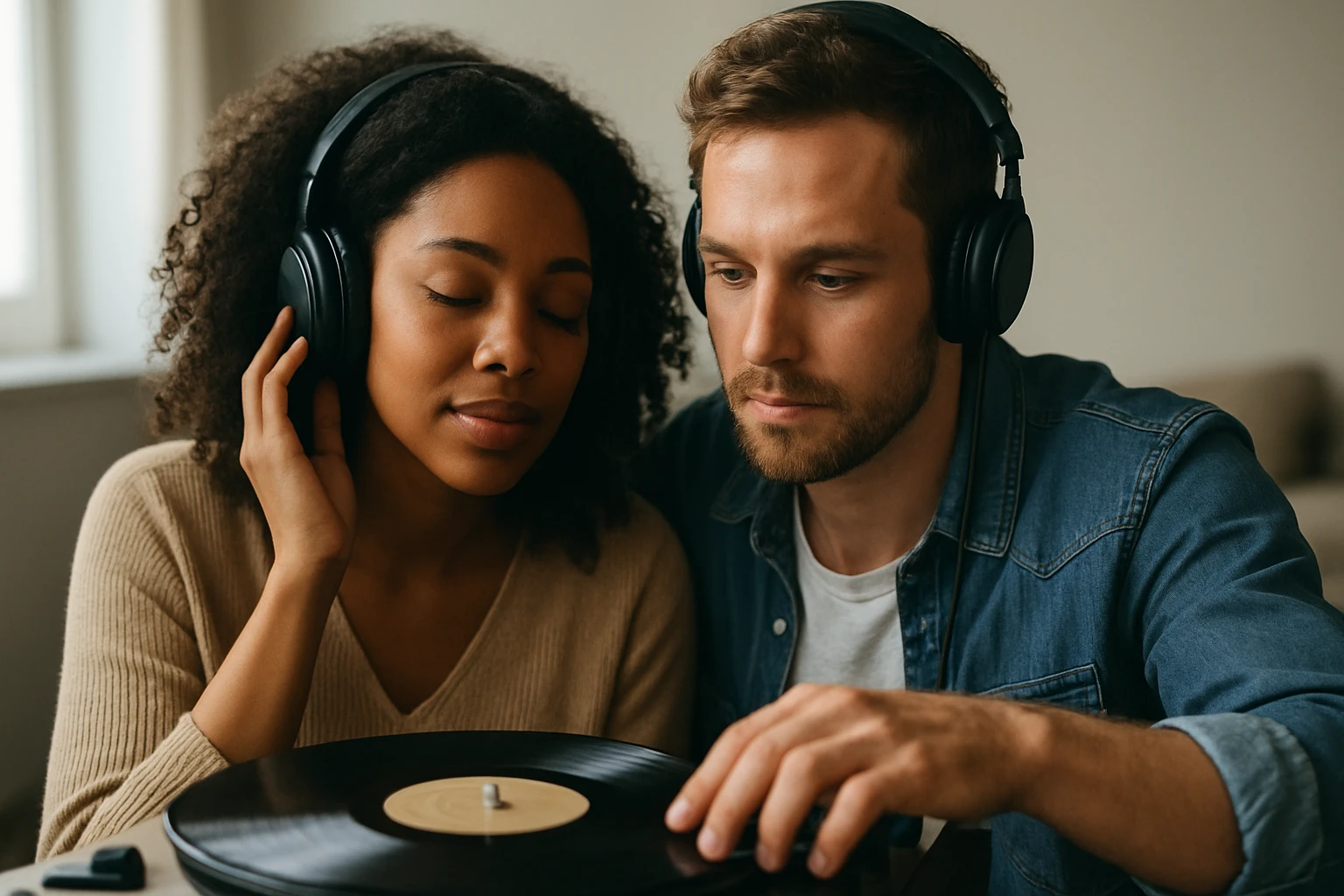 Egy fiatal pár együtt hallgat zenét, lemezjátszónál ülve, fejhallgatóval.