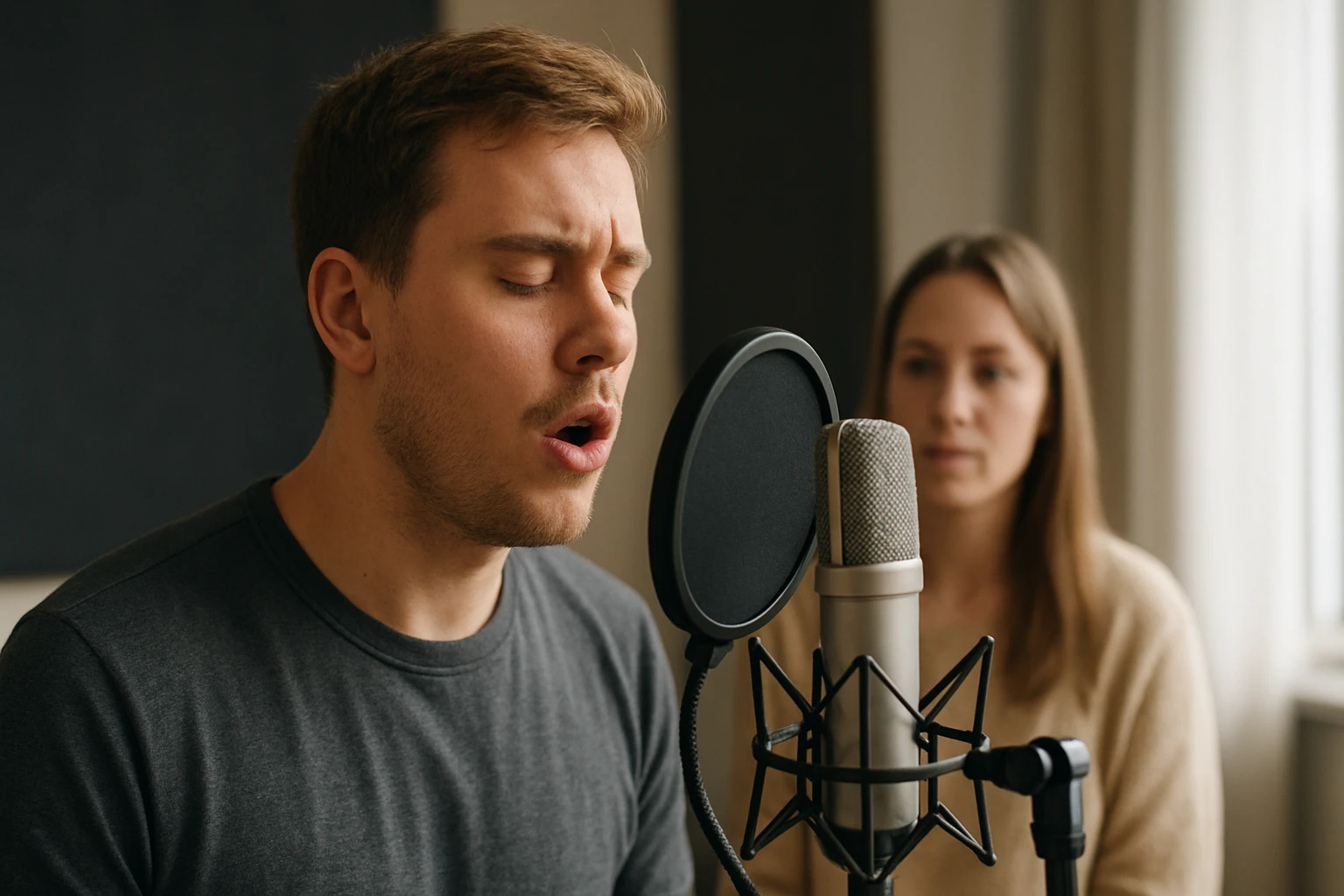 Egy fiatal férfi énekel a mikrofon előtt, háttérben egy nő figyel.