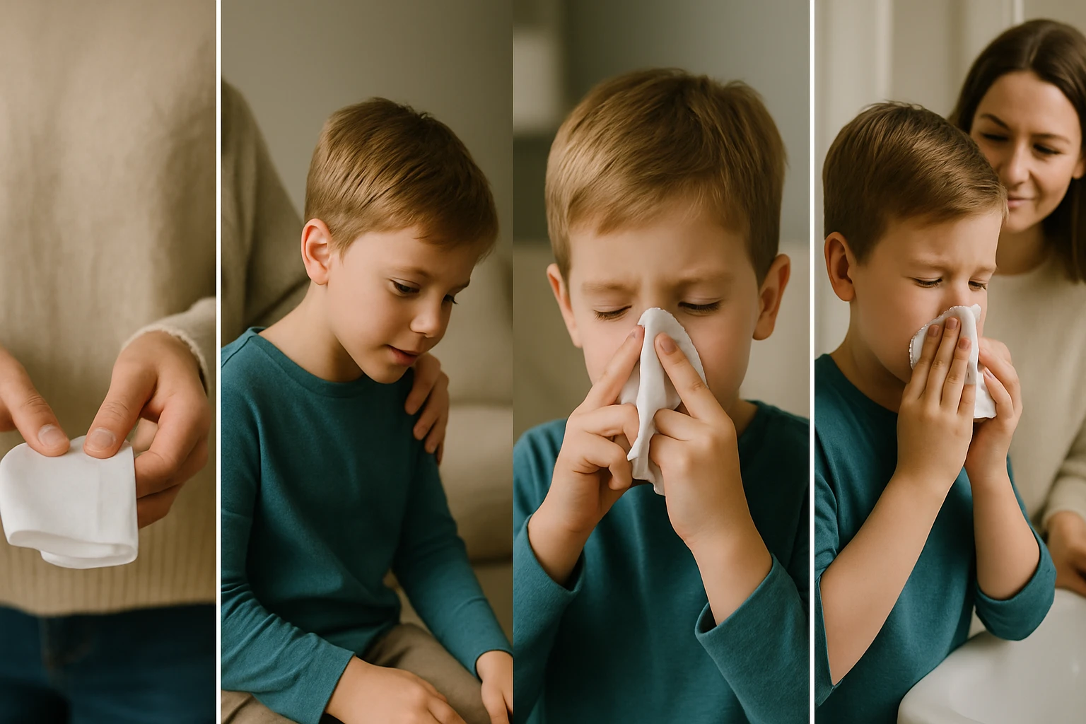 Egy kisfiú zsebkendőt használ, miközben anyja figyeli őt.