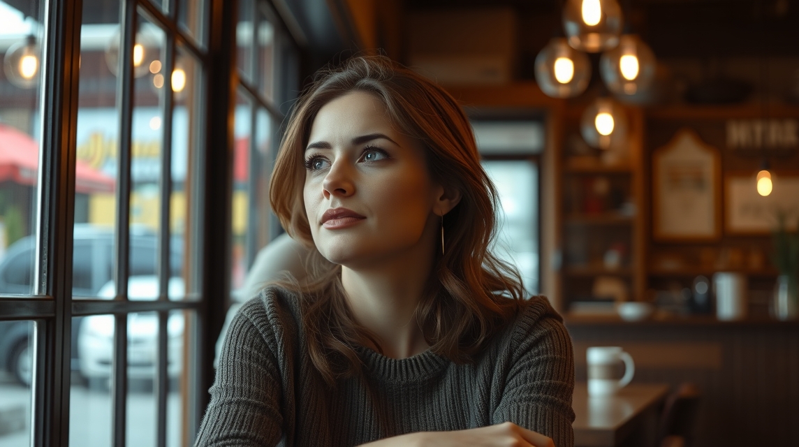 Egy nő a kávézóban a jövőn töprengve, békülési jelekre várva.