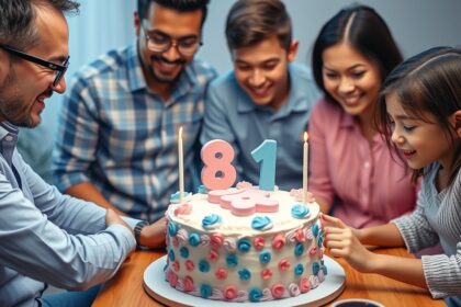 Család ünnepli a baba nemének bejelentését egy tortával