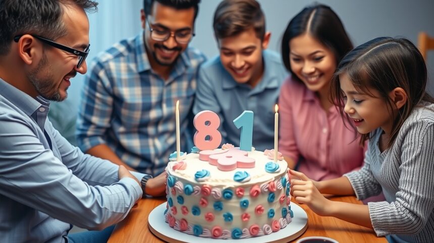 Család ünnepli a baba nemének bejelentését egy tortával