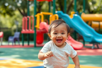 Boldog baba játszik a játszótéren, színes mászókák és csúszdák körül