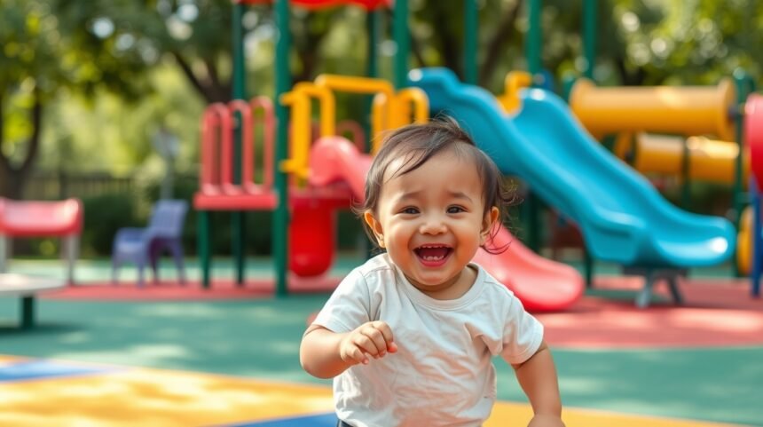 Boldog baba játszik a játszótéren, színes mászókák és csúszdák körül