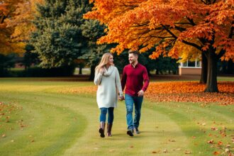 Pár egy gyönyörű őszi tájon sétál, kézen fogva.