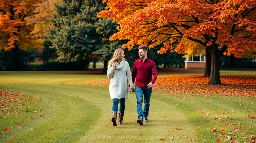 9 jel, hogy a megfelelő emberrel vagy együtt 1 Pár egy gyönyörű őszi tájon sétál, kézen fogva.