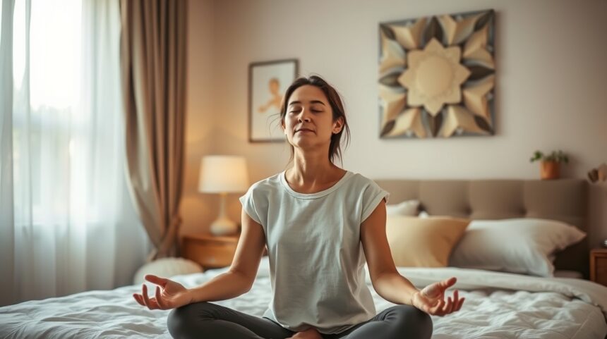 A meditáció hogyan javítja az alvás minőségét? 1 Nő meditál a hálószobában, javítva az alvás minőségét.