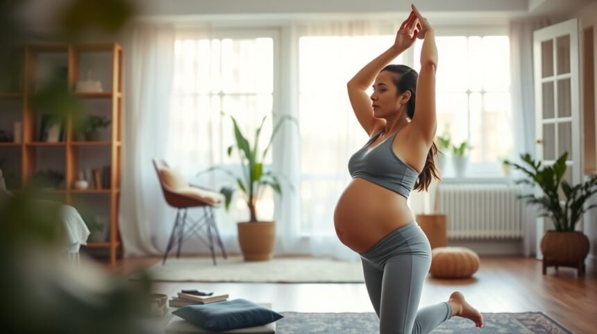 Kismamajóga gyakorlat otthon, terhes nő relaxál és erősít.